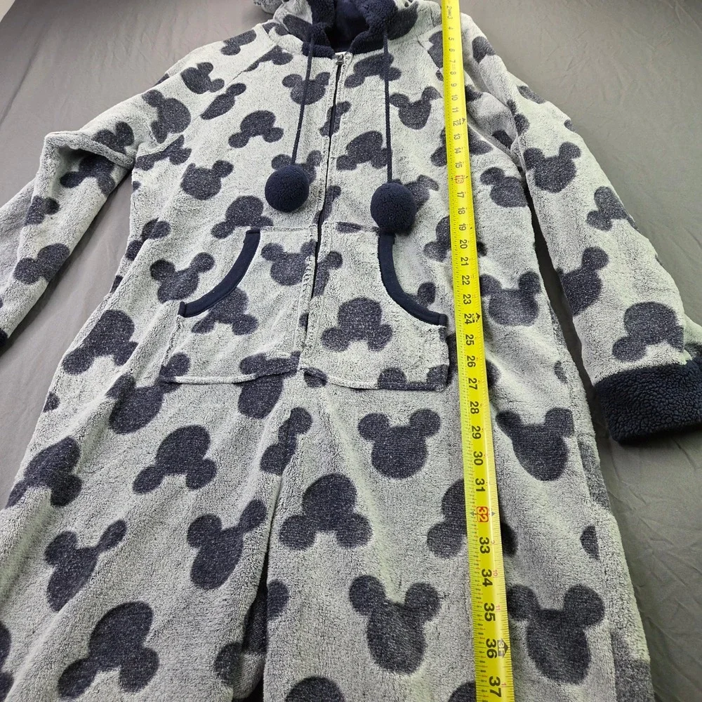 Disney Mickey Mouse Fleece Onesie Union Suit Womens L Grey Navy Excellent Hood - Picture 9 of 15